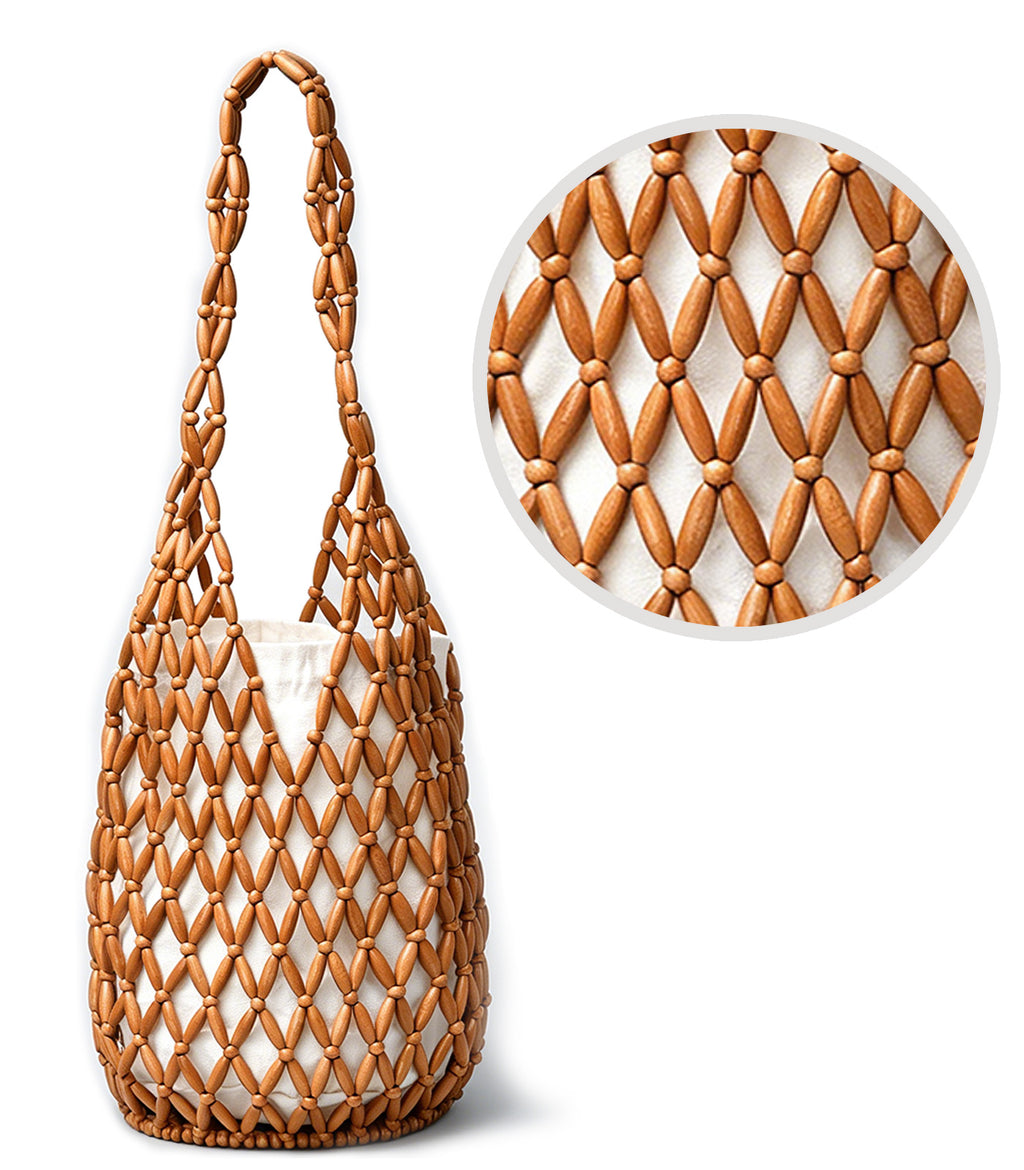 Womens Wooden Beaded Purse Handmade Boho Mesh Woven HandBag