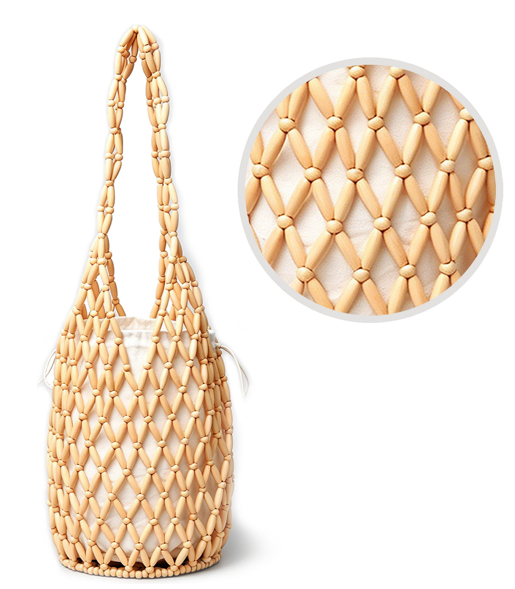 Womens Wooden Beaded Purse Handmade Boho Mesh Woven HandBag