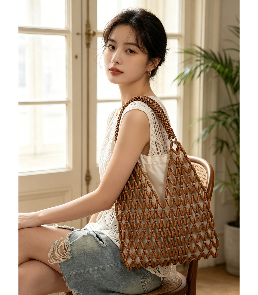 Womens Wooden Beaded Bag Boho Style Woven Purse