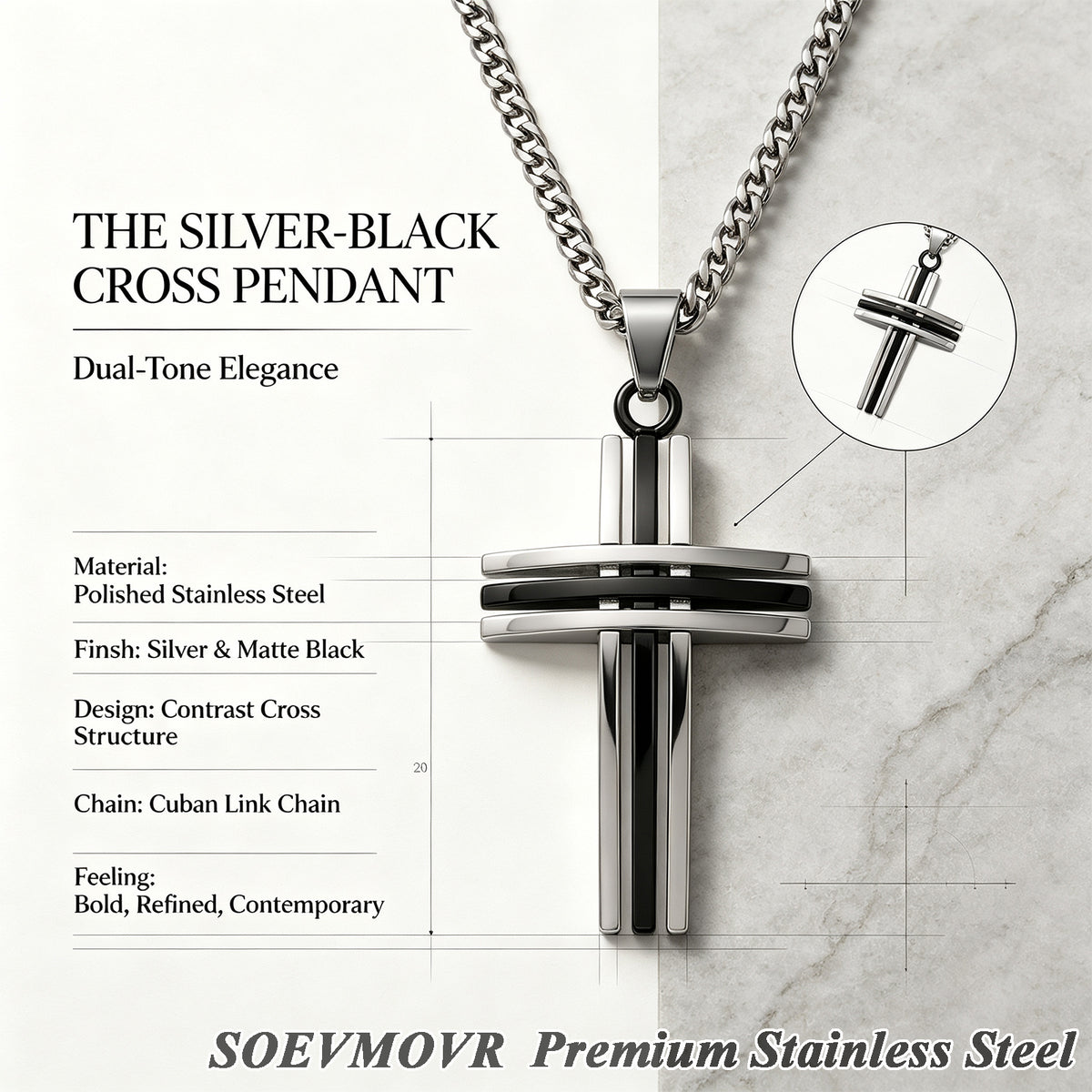 SOEVMOVR Cross Necklace for Men Stainless Steel Chain Gift for Husband