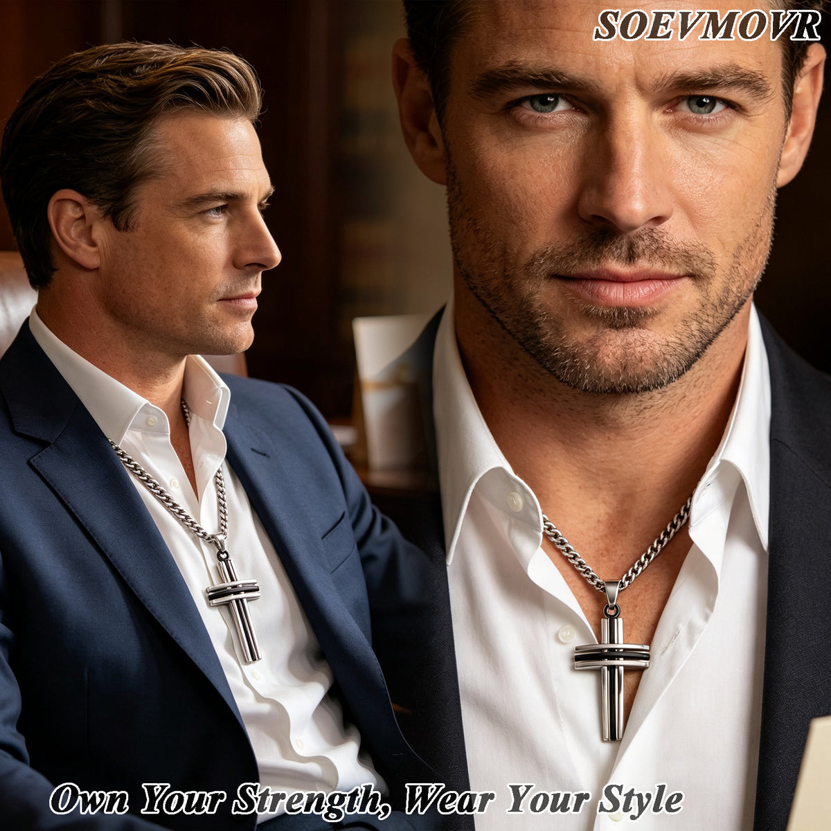 SOEVMOVR Cross Necklace for Men Stainless Steel Chain Gift for Husband