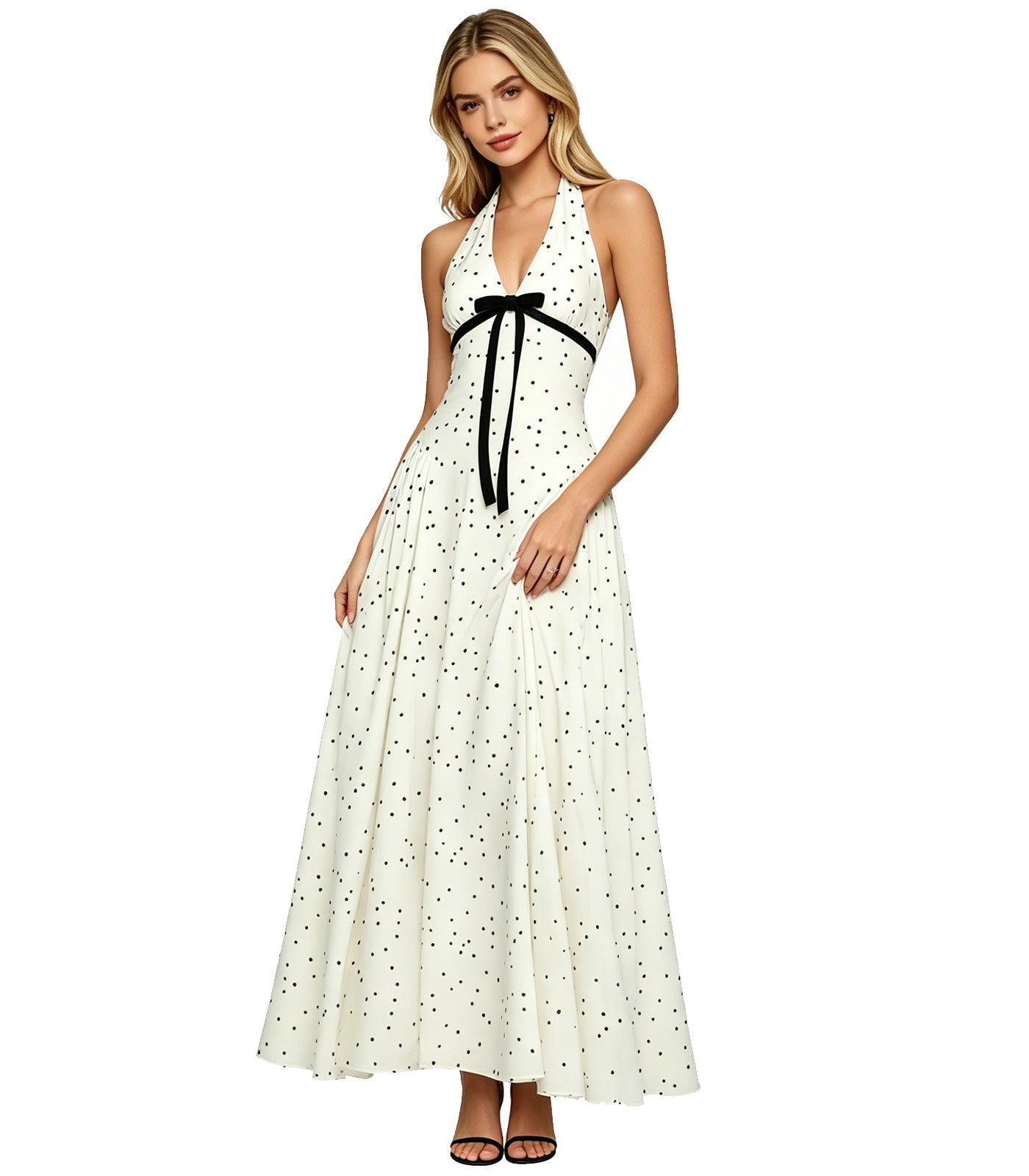 Women's White Polka Dot Dress Retro Halter Neck Maxi Dress Tea Party & Cocktail Long Dresses for Wedding Guest Casual