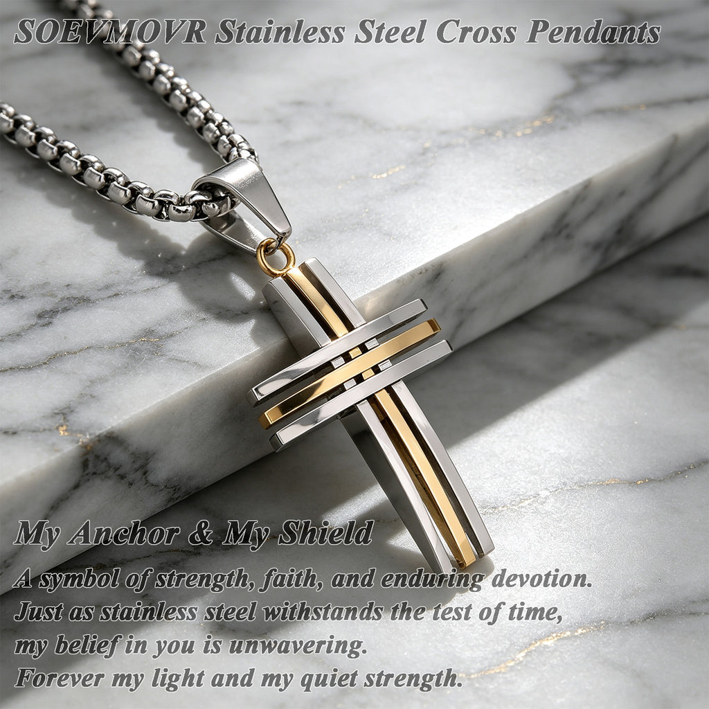 SOEVMOVR Cross Necklace for Men Stainless Steel Chain Gift for Husband