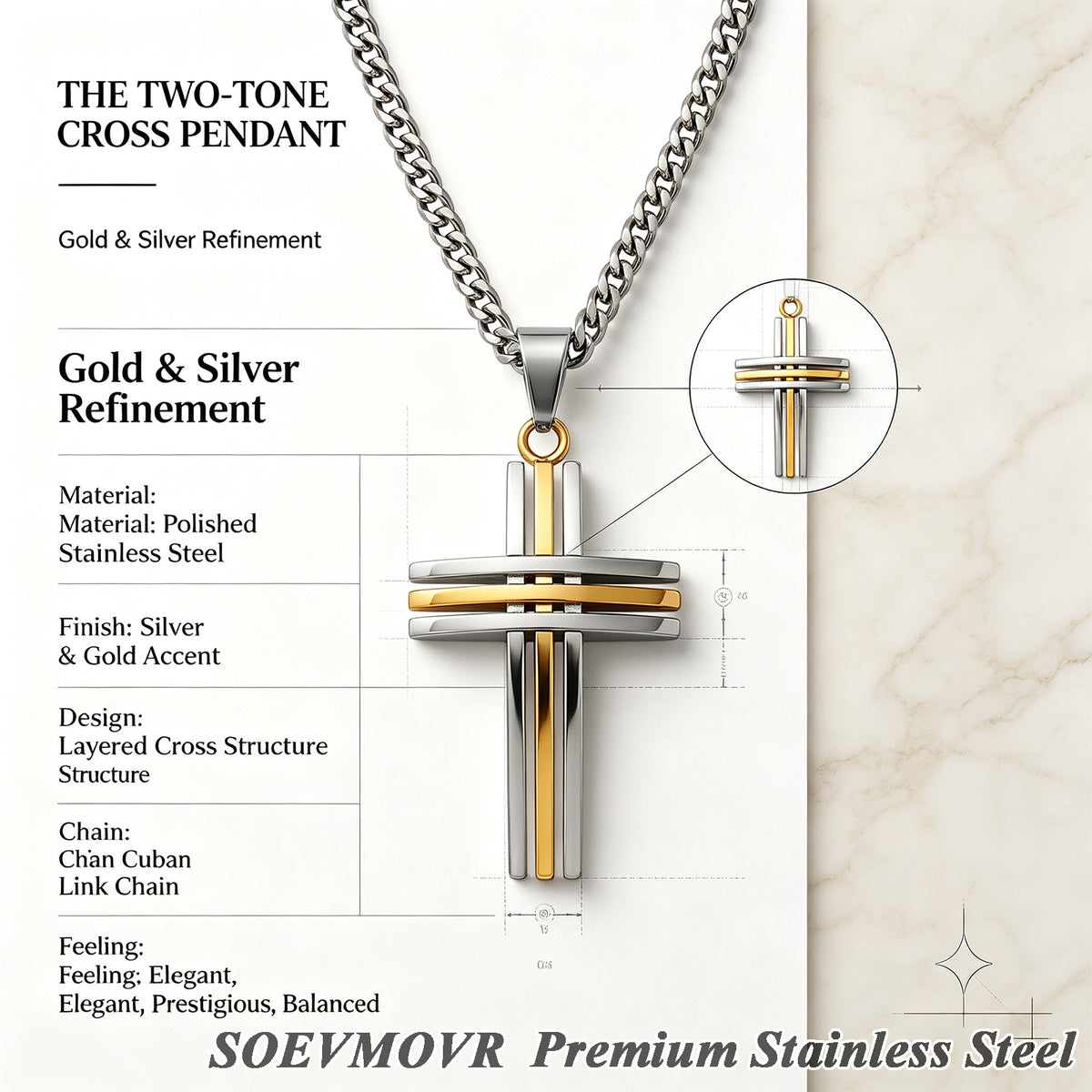 SOEVMOVR Cross Necklace for Men Stainless Steel Chain Gift for Husband