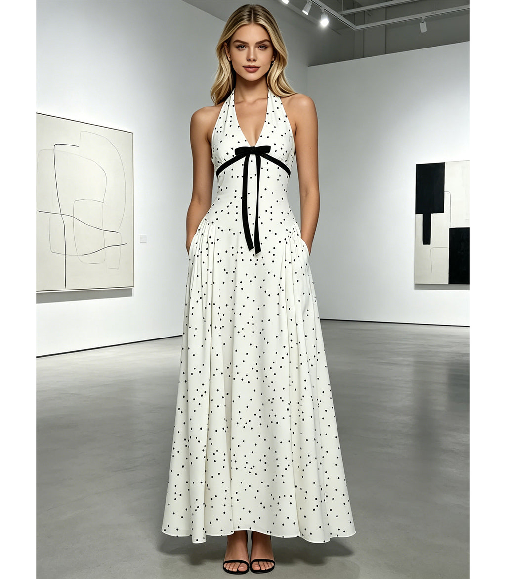 Women's White Polka Dot Dress Retro Halter Neck Maxi Dress Tea Party & Cocktail Long Dresses for Wedding Guest Casual