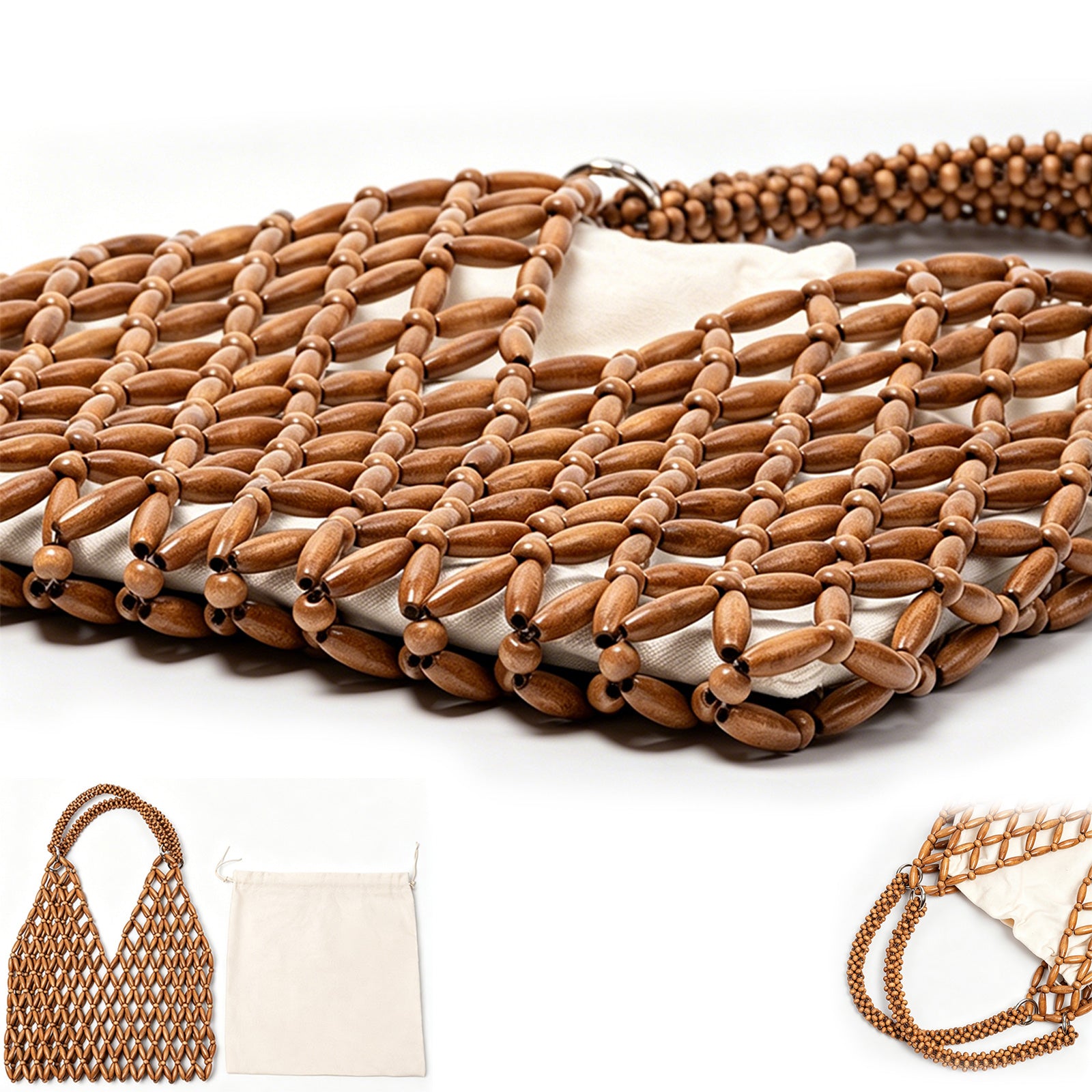 Womens Wooden Beaded Bag Boho Style Woven Purse