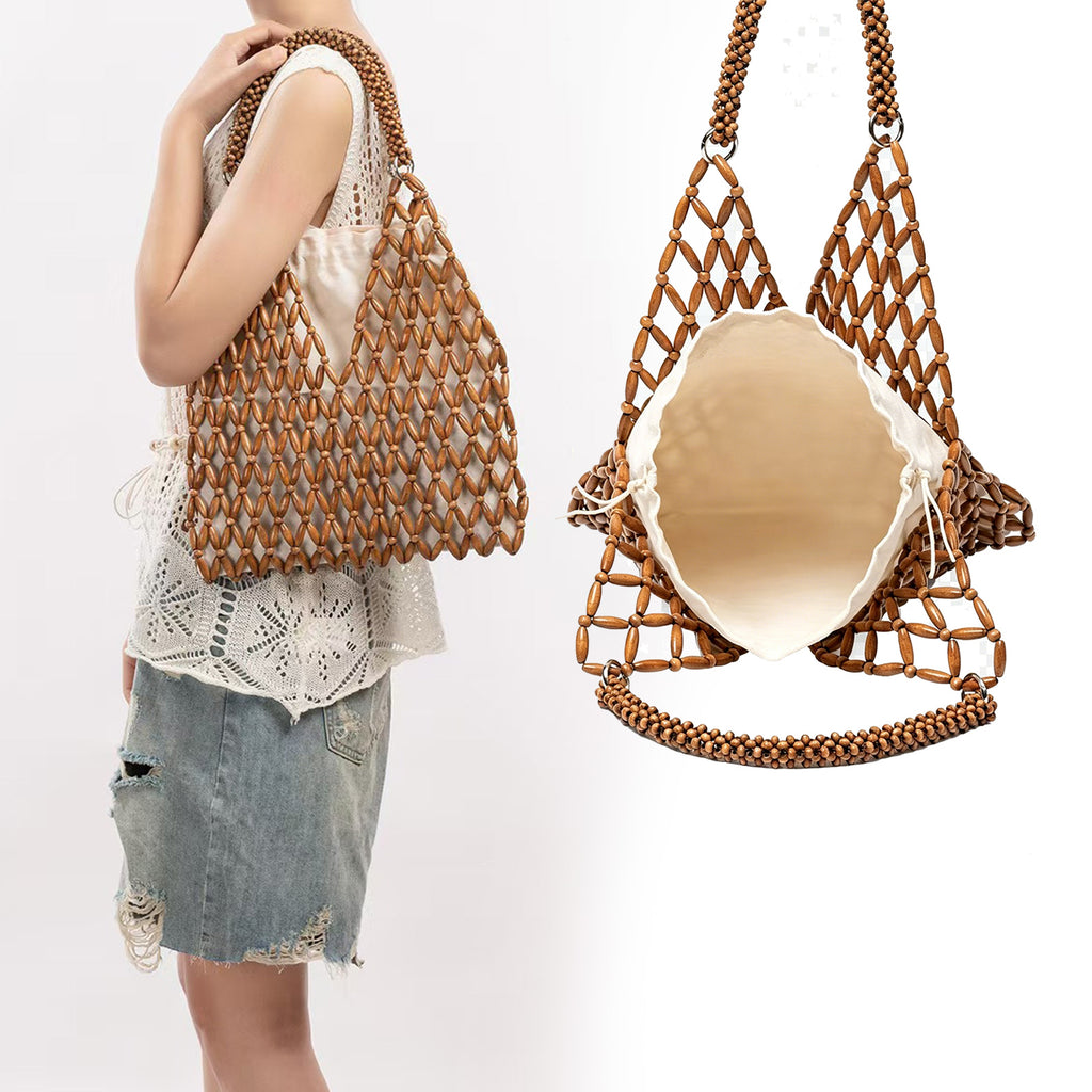 Womens Wooden Beaded Bag Boho Style Woven Purse