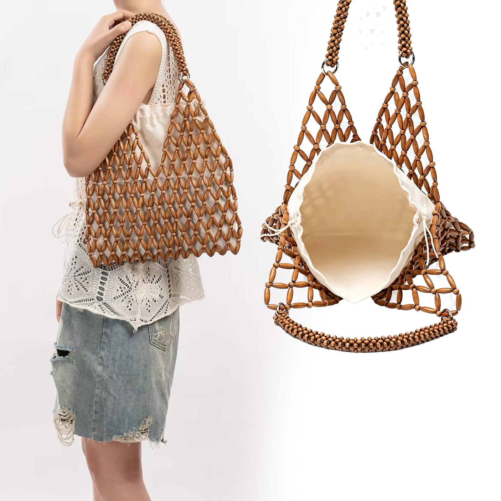 Womens Wooden Beaded Bag Boho Style Woven Purse