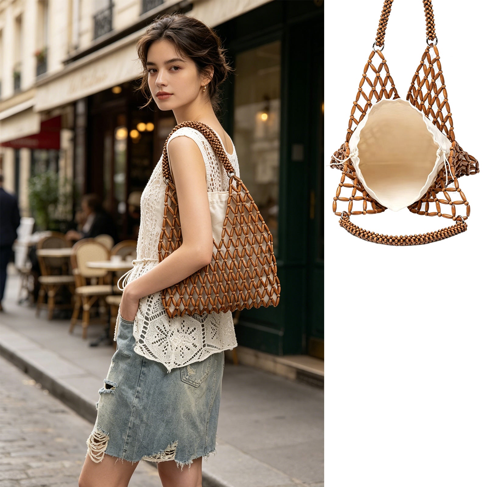 Womens Wooden Beaded Bag Boho Style Woven Purse