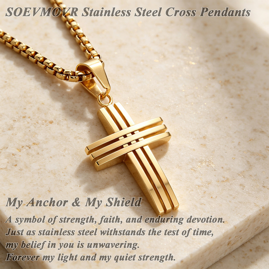 SOEVMOVR Cross Necklace for Men Stainless Steel Chain Gift for Husband