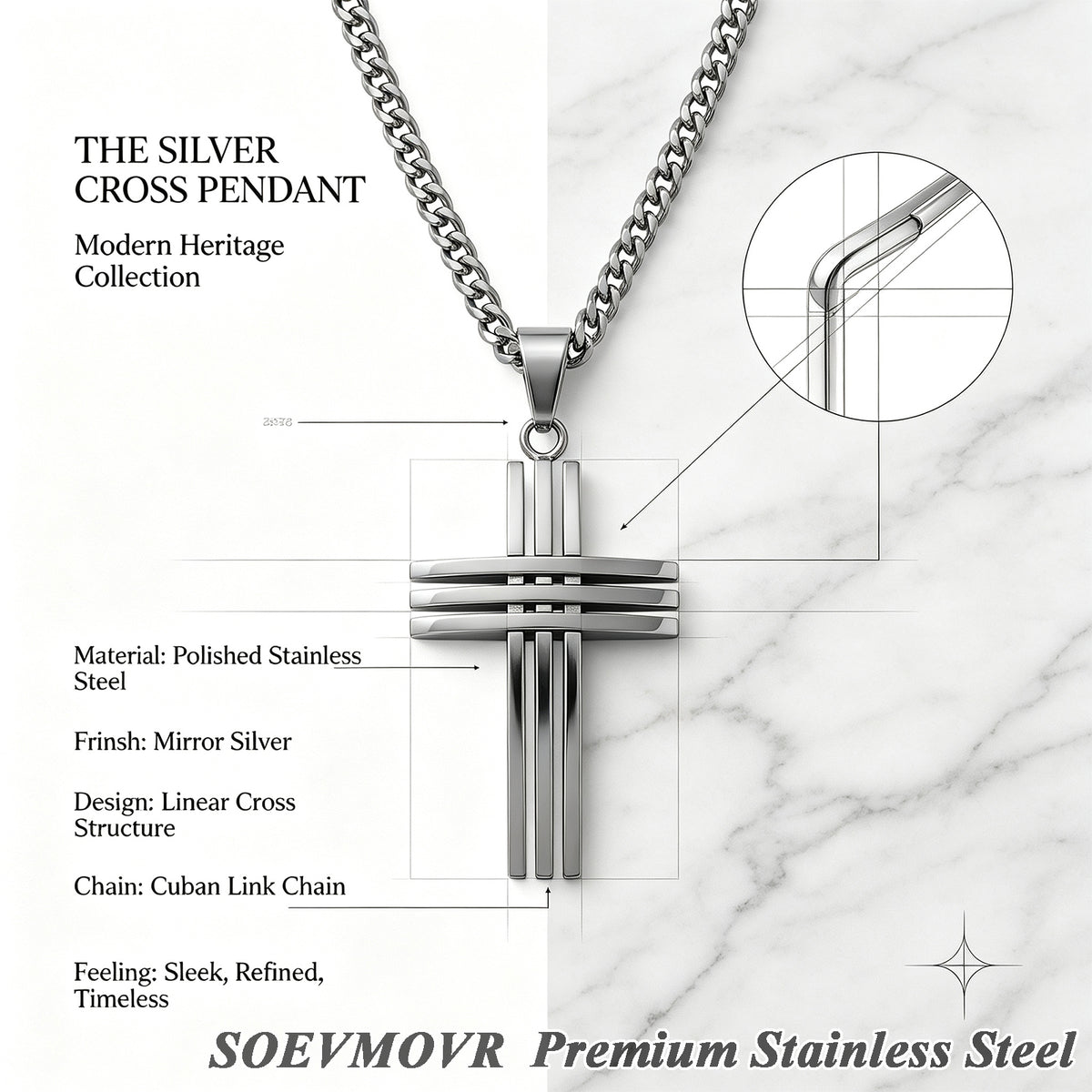 SOEVMOVR Cross Necklace for Men Stainless Steel Chain Gift for Husband