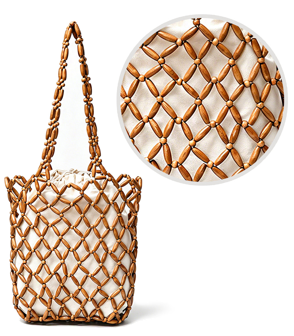 Womens Wooden Beaded Bag Handmade Woven Purse Boho Style Zen Aesthetic Summer Beach Clutch Vintage Serene HandBag