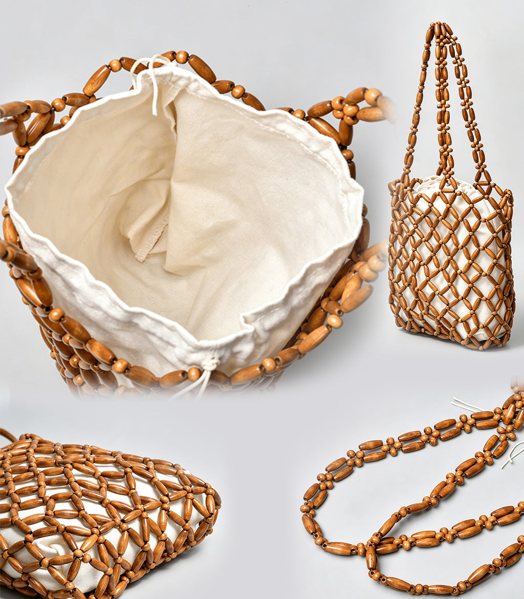Womens Wooden Beaded Bag Handmade Woven Purse Boho Style Zen Aesthetic Summer Beach Clutch Vintage Serene HandBag
