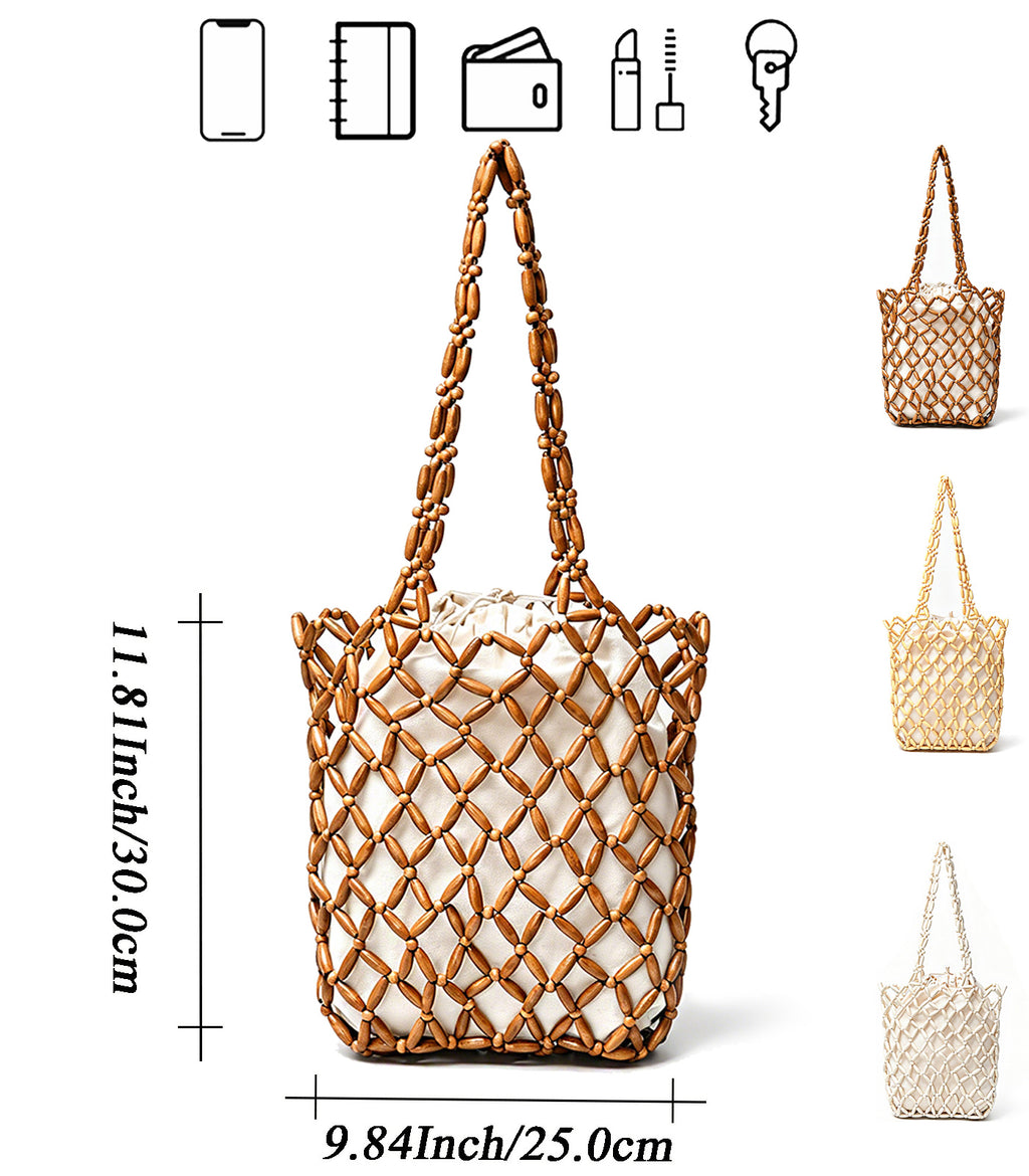 Womens Wooden Beaded Bag Handmade Woven Purse Boho Style Zen Aesthetic Summer Beach Clutch Vintage Serene HandBag