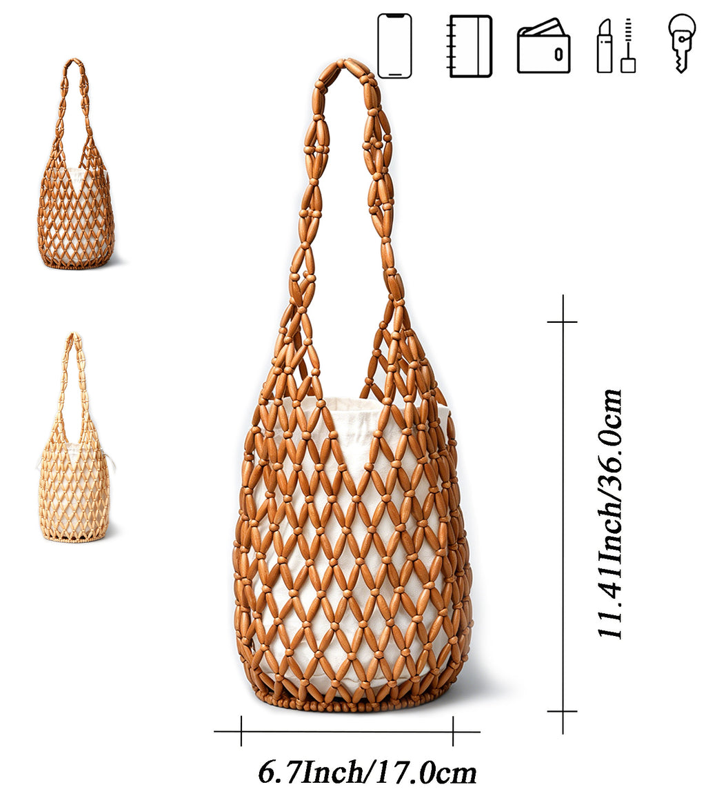 Womens Wooden Beaded Purse Handmade Boho Mesh Woven HandBag