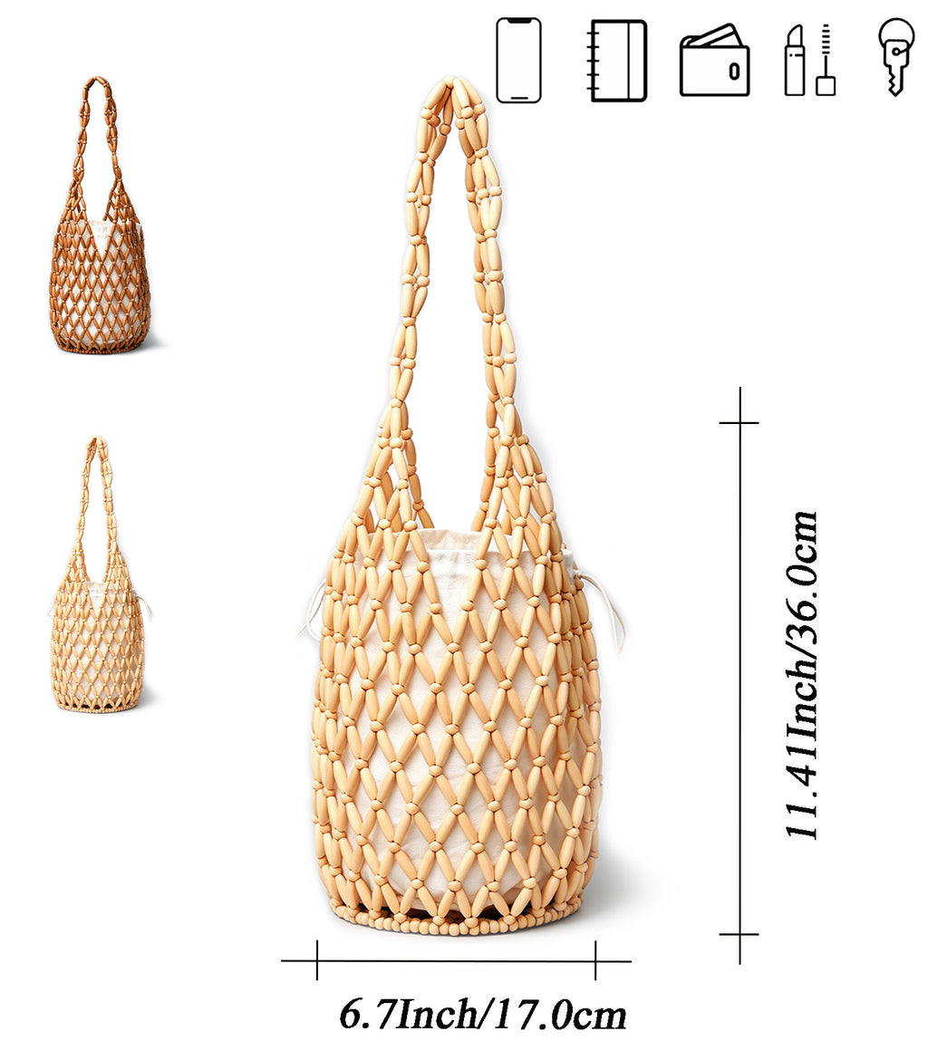 Womens Wooden Beaded Purse Handmade Boho Mesh Woven HandBag