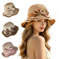 Women's Ruffled Bow Straw Sun Hat, UV Protection Ruffle Wide Brim Bucket Hat with Woven Straw Bowknot for Beach Travel