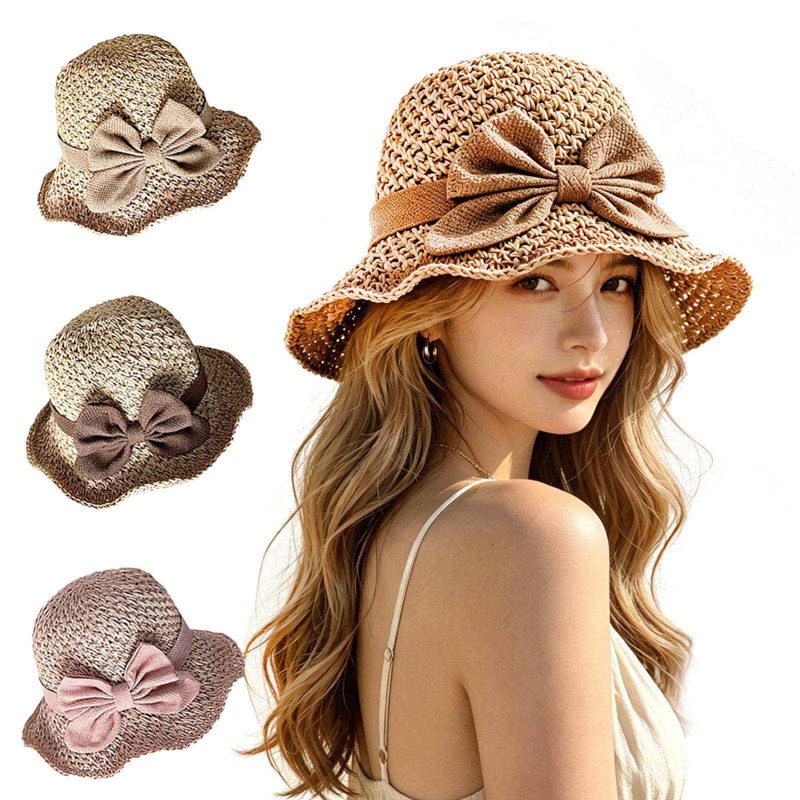 Women's Ruffled Bow Straw Sun Hat, UV Protection Ruffle Wide Brim Bucket Hat with Woven Straw Bowknot for Beach Travel