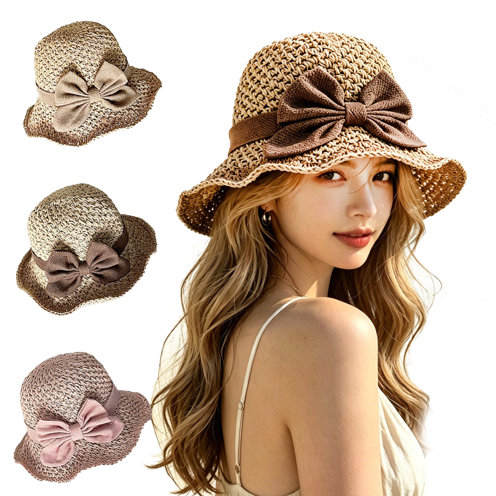 Women's Ruffled Bow Straw Sun Hat, UV Protection Ruffle Wide Brim Bucket Hat with Woven Straw Bowknot for Beach Travel