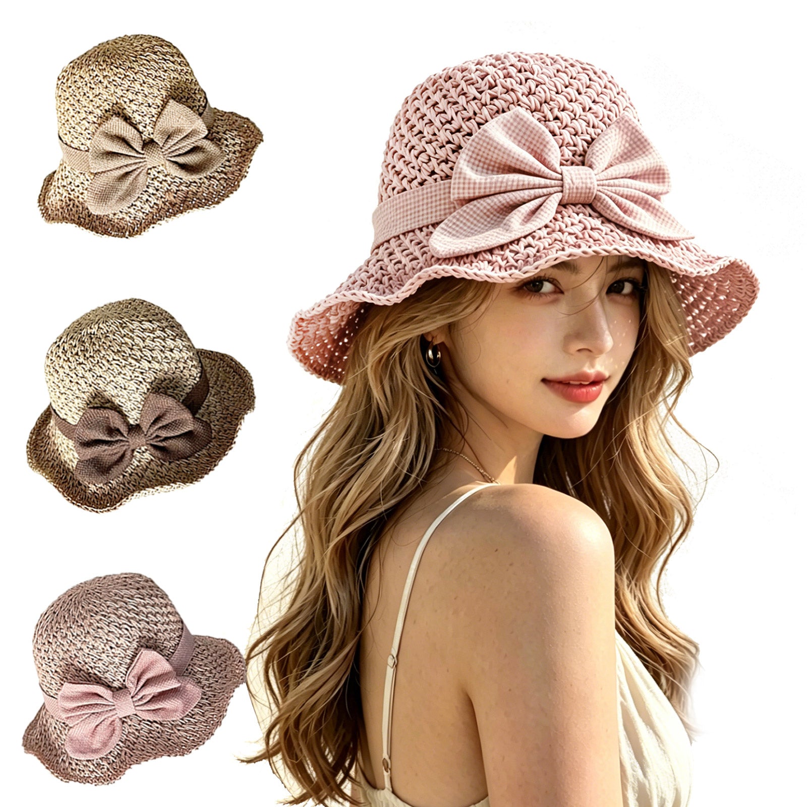 Women's Ruffled Bow Straw Sun Hat, UV Protection Ruffle Wide Brim Bucket Hat with Woven Straw Bowknot for Beach Travel