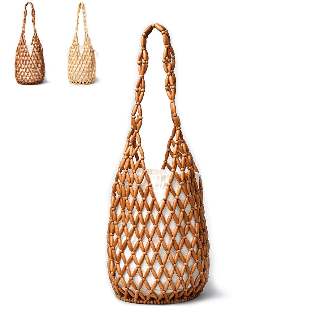 Womens Wooden Beaded Purse Handmade Boho Mesh Woven HandBag