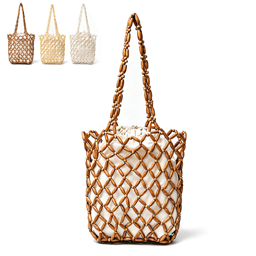 Womens Wooden Beaded Bag Handmade Woven Purse Boho Style Zen Aesthetic Summer Beach Clutch Vintage Serene HandBag