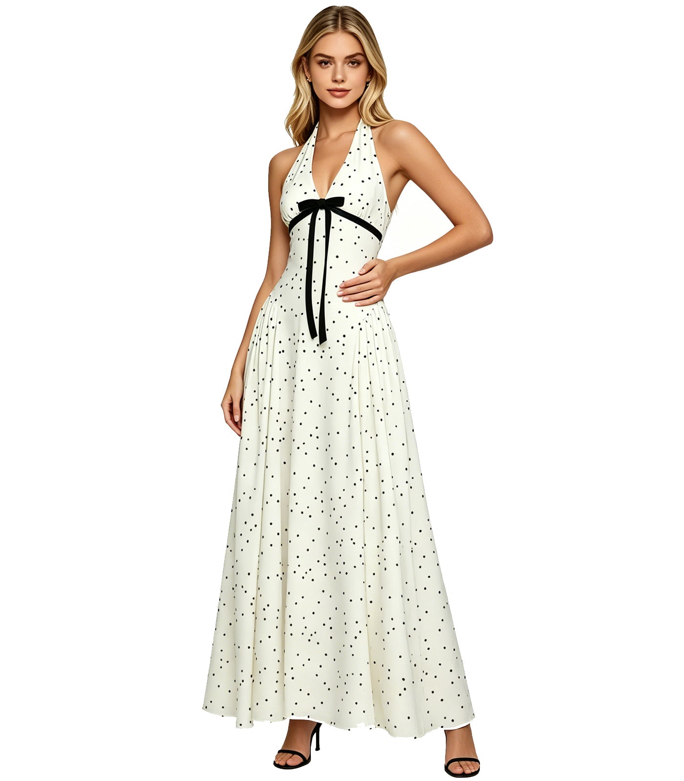 Women's White Polka Dot Dress Retro Halter Neck Maxi Dress Tea Party & Cocktail Long Dresses for Wedding Guest Casual