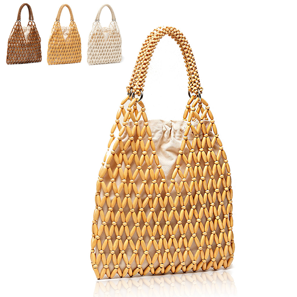 Womens Wooden Beaded Bag Boho Style Woven Purse