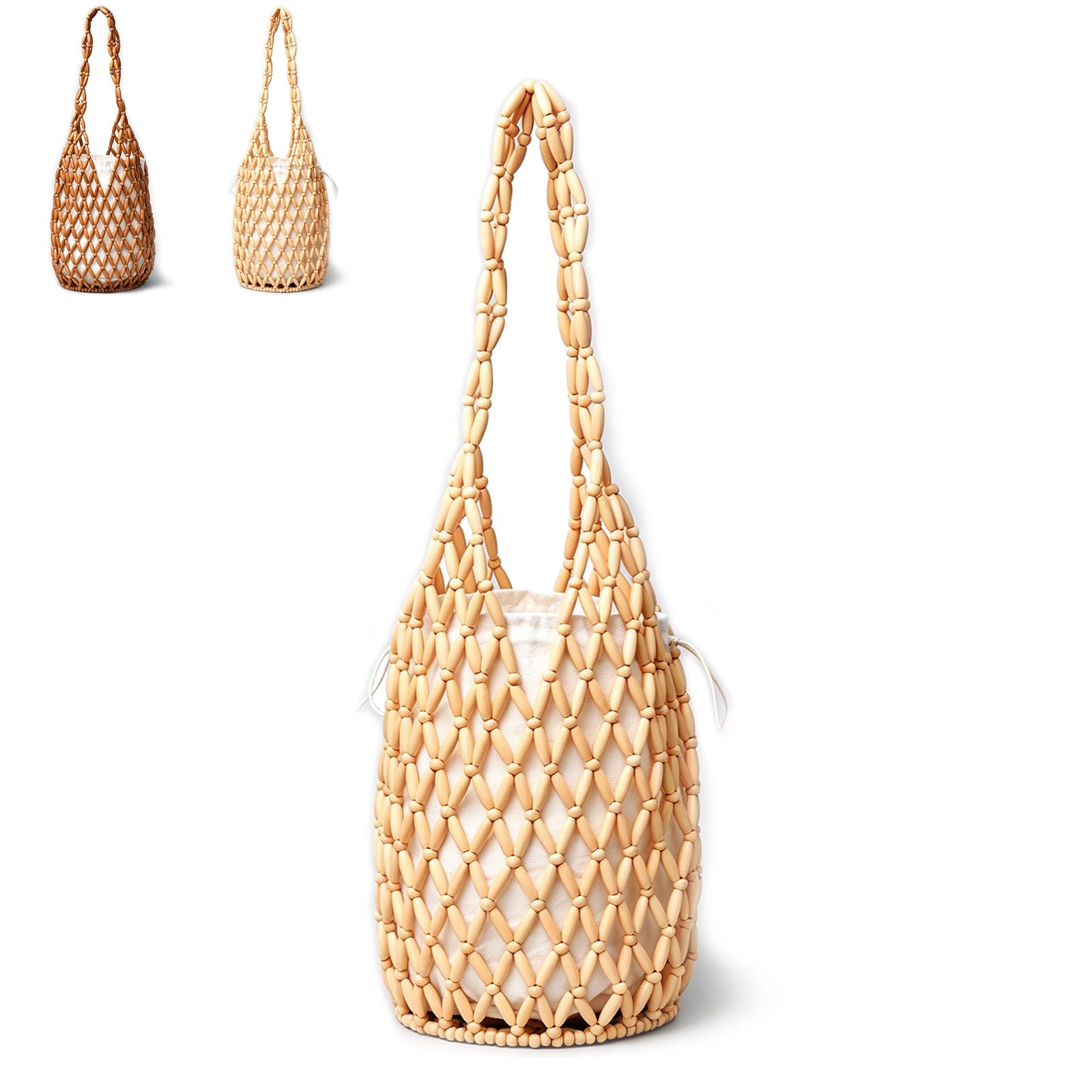 Womens Wooden Beaded Purse Handmade Boho Mesh Woven HandBag